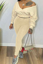 Beige Women V Neck Long Sleeve Long Pant Pure Color Two-Pieces HYM86814-1