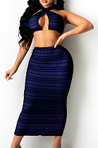 Navy Blue Cross Fold Perspective Sexy Halter Neck Strapless Long Skirts Sets QZ4350-3