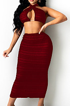 Wine Red Cross Fold Perspective Sexy Halter Neck Strapless Long Skirts Sets QZ4350-2