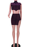 Purple Casual Women Sleeveless Tops Spliced Slit Skirts Sets JZH8065