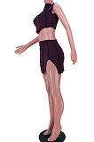 Purple Casual Women Sleeveless Tops Spliced Slit Skirts Sets JZH8065