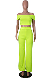 Neon Green A Word Shoulder Strapless Zipper Wide Leg Pants Fashion Sets SZS8133-1