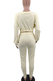 Beige Women V Neck Long Sleeve Long Pant Pure Color Two-Pieces HYM86814-1