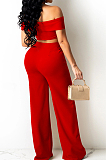 Red A Word Shoulder Strapless Zipper Wide Leg Pants Fashion Sets SZS8133-3