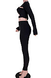 Black Women Pure Color Sexy Cross Hollow Out Sports Pants Sets GL6396-1