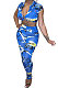 Blue Women Tie Dye Printing Short Sleeve Long Pants HYM86813
