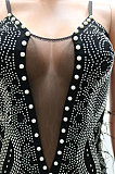 Black Hot Drilling Mid Waist Polyester Mesh Condole Belt Mini Dress YF9095-1