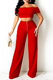 Red A Word Shoulder Strapless Zipper Wide Leg Pants Fashion Sets SZS8133-3