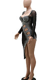 Black Mid Waist Hot Drilling Pure Color Sexy Polyester Mesh Long Sleeve Mini Dress YF9104-1