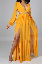 Yellow Long Sleeve Mid Waist Sexy Zipper Pure Color Long Dress YF9105-1