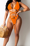 Orange Hollow Out Strapless Hip Skirt Drawshing Swimsuits Bikini Three Piece SZS8130-2
