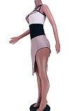 Apricot Women Sleeveless Contrast Color Hollow Out Condole Belt Split Mini Dress JZH8060