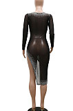 Apricot Mid Waist Hot Drilling Pure Color Sexy Polyester Mesh Long Sleeve Mini Dress YF9104-4