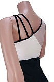 Apricot Women Sleeveless Contrast Color Hollow Out Condole Belt Split Mini Dress JZH8060