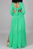 Green Long Sleeve Mid Waist Sexy Zipper Pure Color Long Dress YF9105-2