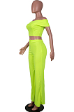 Neon Green A Word Shoulder Strapless Zipper Wide Leg Pants Fashion Sets SZS8133-1