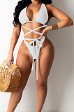 White Hollow Out Strapless Hip Skirt Drawshing Swimsuits Bikini Three Piece SZS8130-1