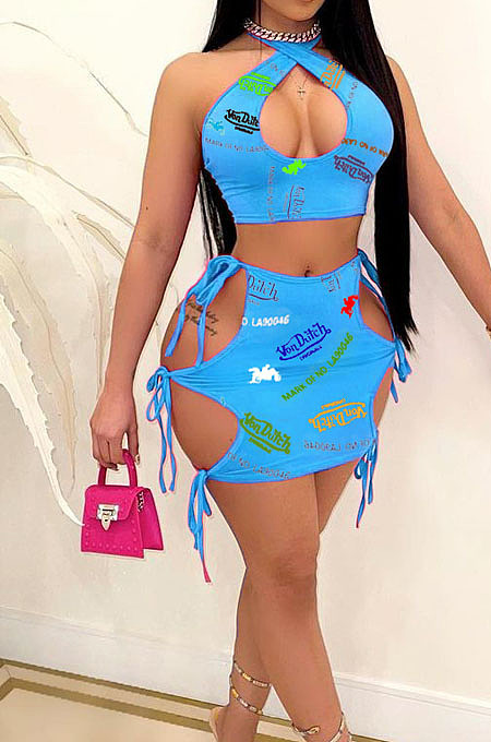 Blue Sexy Hollow Out Halter Neck Crop Top Lace-Up Print Mini Skirts Sets QC8005-2
