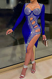 Blue Mid Waist Hot Drilling Pure Color Sexy Polyester Mesh Long Sleeve Mini Dress YF9104-5