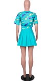 Peacock Blue Print Loose Button Shirts Peleated Skirts Sets SZS8120-2