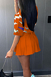 Orange Print Loose Button Shirts Peleated Skirts Sets SZS8120-4