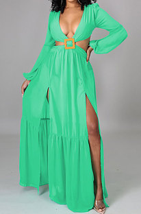 Green Long Sleeve Mid Waist Sexy Zipper Pure Color Long Dress YF9105-2