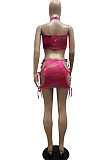 Rose Red Sexy Hollow Out Halter Neck Crop Top Lace-Up Print Mini Skirts Sets QC8005-1