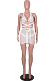 White Hollow Out Strapless Hip Skirt Drawshing Swimsuits Bikini Three Piece SZS8130-1