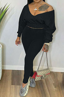 Black Women V Neck Long Sleeve Long Pant Pure Color Two-Pieces HYM86814-2