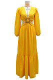 Yellow Long Sleeve Mid Waist Sexy Zipper Pure Color Long Dress YF9105-1