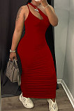 Red Women Side Shirred Detail One Shoulder Pure Color Long Dress AA5254-3