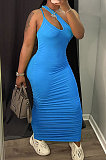 Black Women Side Shirred Detail One Shoulder Pure Color Long Dress AA5254-1
