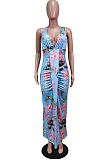 Blue Red Flower Deep V Neck Sleeveless Print Chest Spliced Long Dress WY6822-1