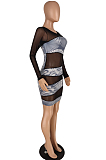 Black Net Yarn Spliced Long Sleeve Sexy Dress YYZ756
