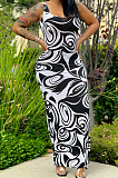 Yellow Print U Neck Slim Fitting Tank Long Dress WY6824-4