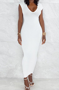 White Pure Color Fashion V Neck Backless Slit Zipper Bodycon Dress WY6825-1