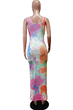 Colorful Graffiti Print U Neck Slim Fitting Tank Long Dress WY6824-1