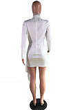 White Sexy Deep V Neck Bandage Ruffle Long Sleeve Dress C1058