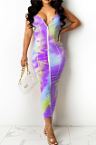 Neon Green Digital Print Zipper Deep V Fashion Sexy Long Dress SZS8135-1