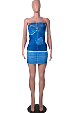 Sky Blue Digital Print Positioning Print Strapless Copy Jean Fashion Sexy Dress SZS8138-3