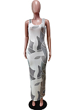Black White Print U Neck Slim Fitting Tank Long Dress WY6824-5