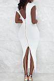 Grey Pure Color Fashion V Neck Backless Slit Zipper Bodycon Dress WY6825-2