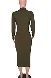 Dark Green Women Pure Color With Pocket High Elastic Ribber Casual Midi Dress ARM8142