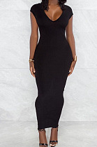 Black Pure Color Fashion V Neck Backless Slit Zipper Bodycon Dress WY6825-3