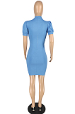 Light Blue High Elastic Copy Jean High Neck Puff Sleeve Dress YYZ861