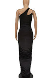 Black Women Side Shirred Detail One Shoulder Pure Color Long Dress AA5254-1