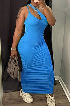 Blue Women Side Shirred Detail One Shoulder Pure Color Long Dress AA5254-5