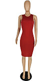 Red Pure Color High Elastic Casual Fashion Sleeveless Dress YYZ754-1