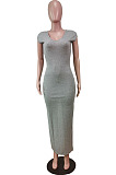 Grey Pure Color Fashion V Neck Backless Slit Zipper Bodycon Dress WY6825-2