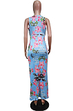 Blue Green Leaf  Deep V Neck Sleeveless Print Chest Spliced Long Dress WY6822-2